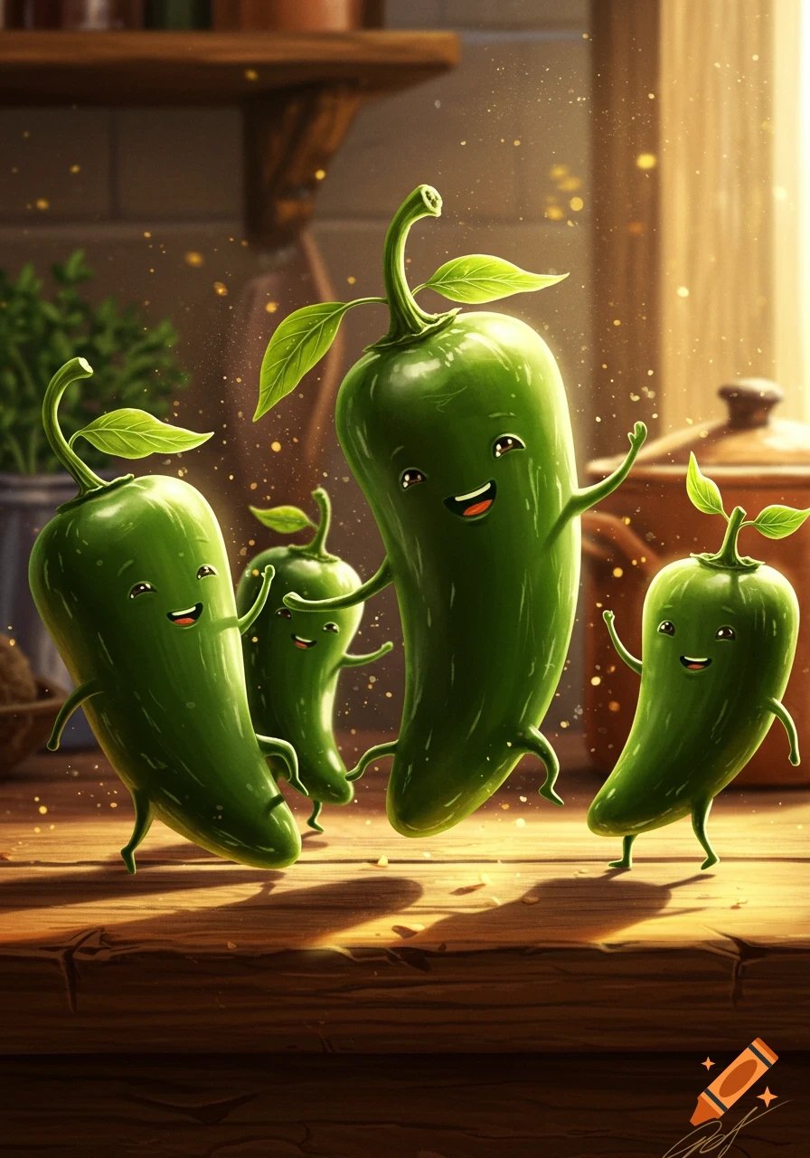Four cute, anthropomorphic jalape c3 plusos with happy faces and tiny limbs dance on a wooden kitchen counter with sparkling light.