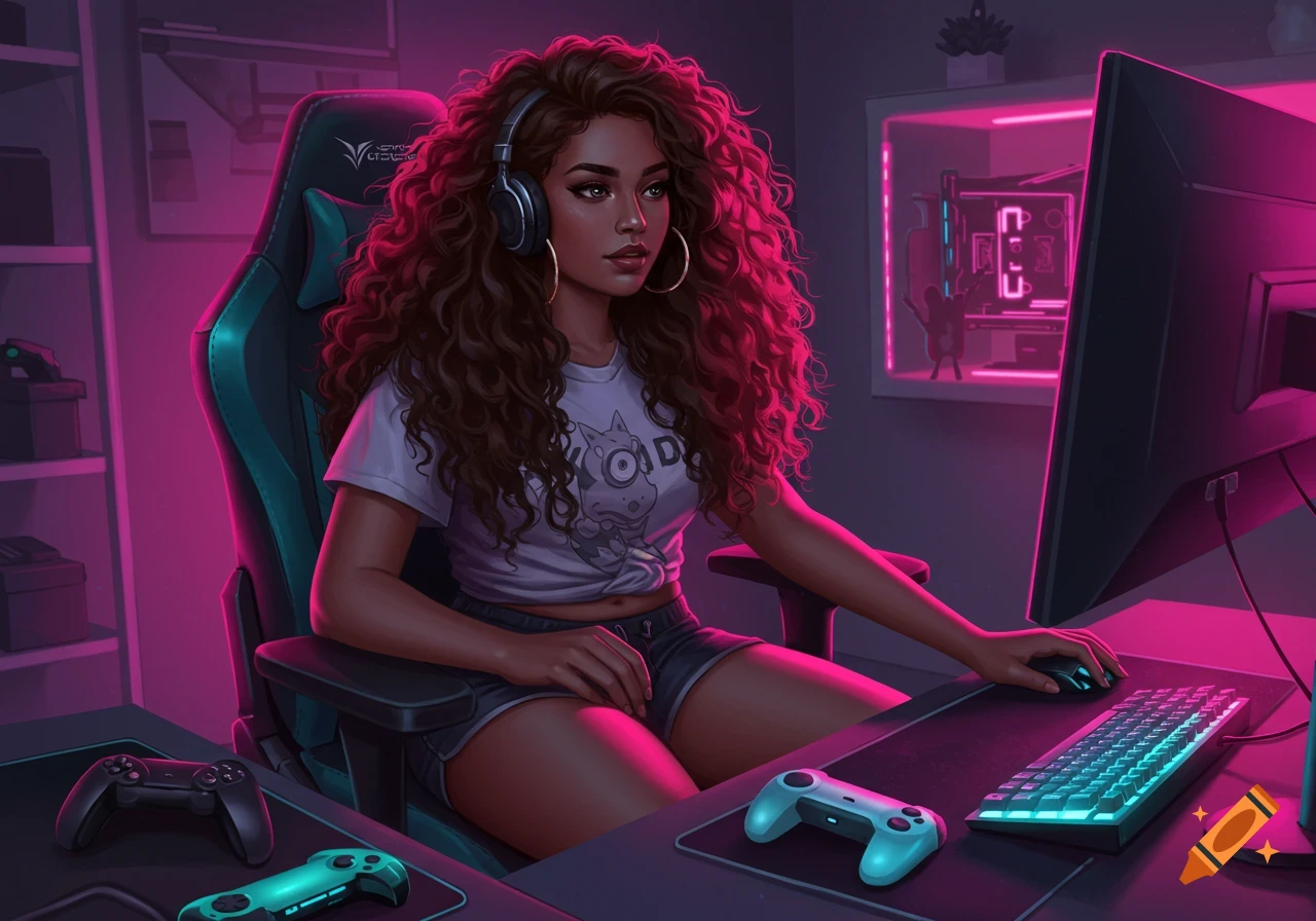 A stylish gamer girl with long curly hair wears headphones, playing at a neon-lit computer desk with controllers and glowing keyboard.