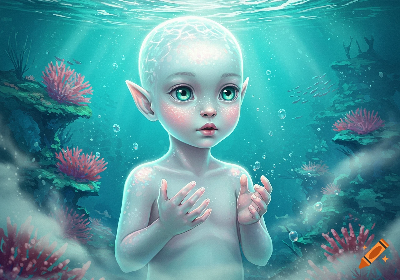 Ethereal child with large green eyes and pointed ears, shimmering in an underwater scene with coral and bubbles, digital art.