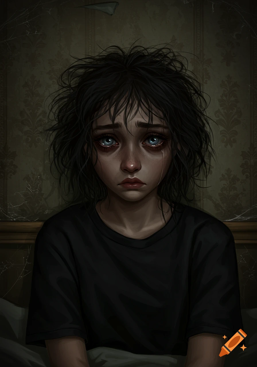 Detailed painting of a sad, disheveled girl with dark hair and blue eyes, crying, against a cracked, peeling wall.