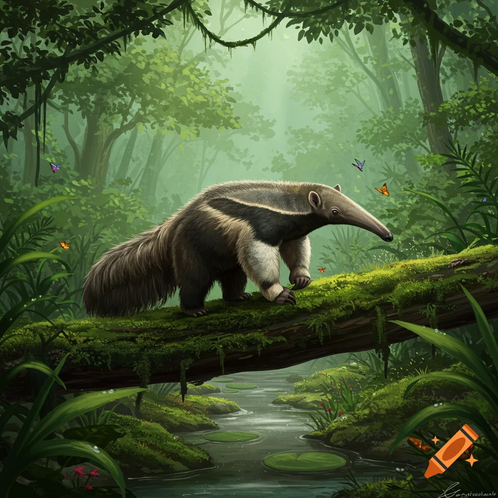 A realistic illustration of an anteater walking on a moss-covered log over a stream in a lush jungle with butterflies.