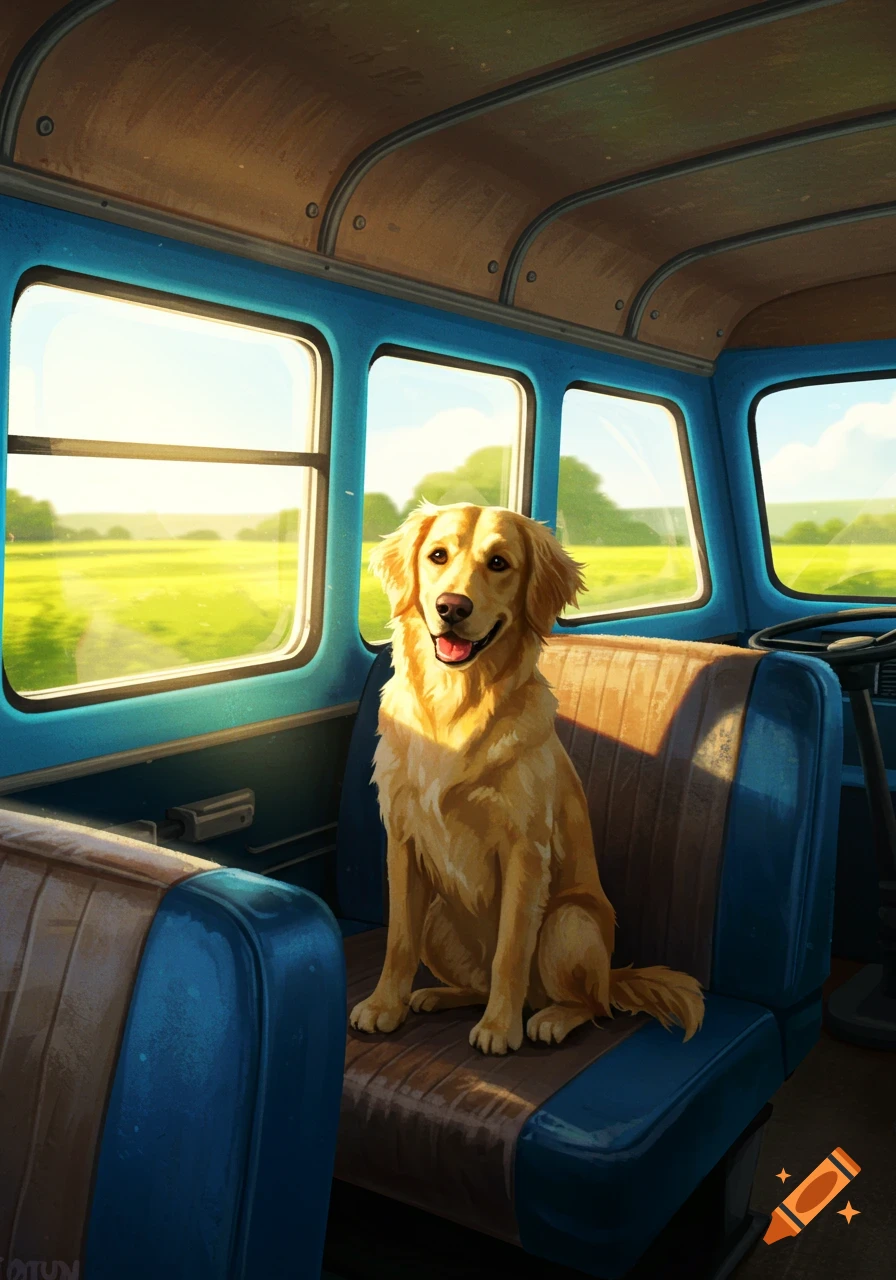 A happy golden retriever sits on a blue and brown seat inside a bus, looking out at a sunny green landscape.