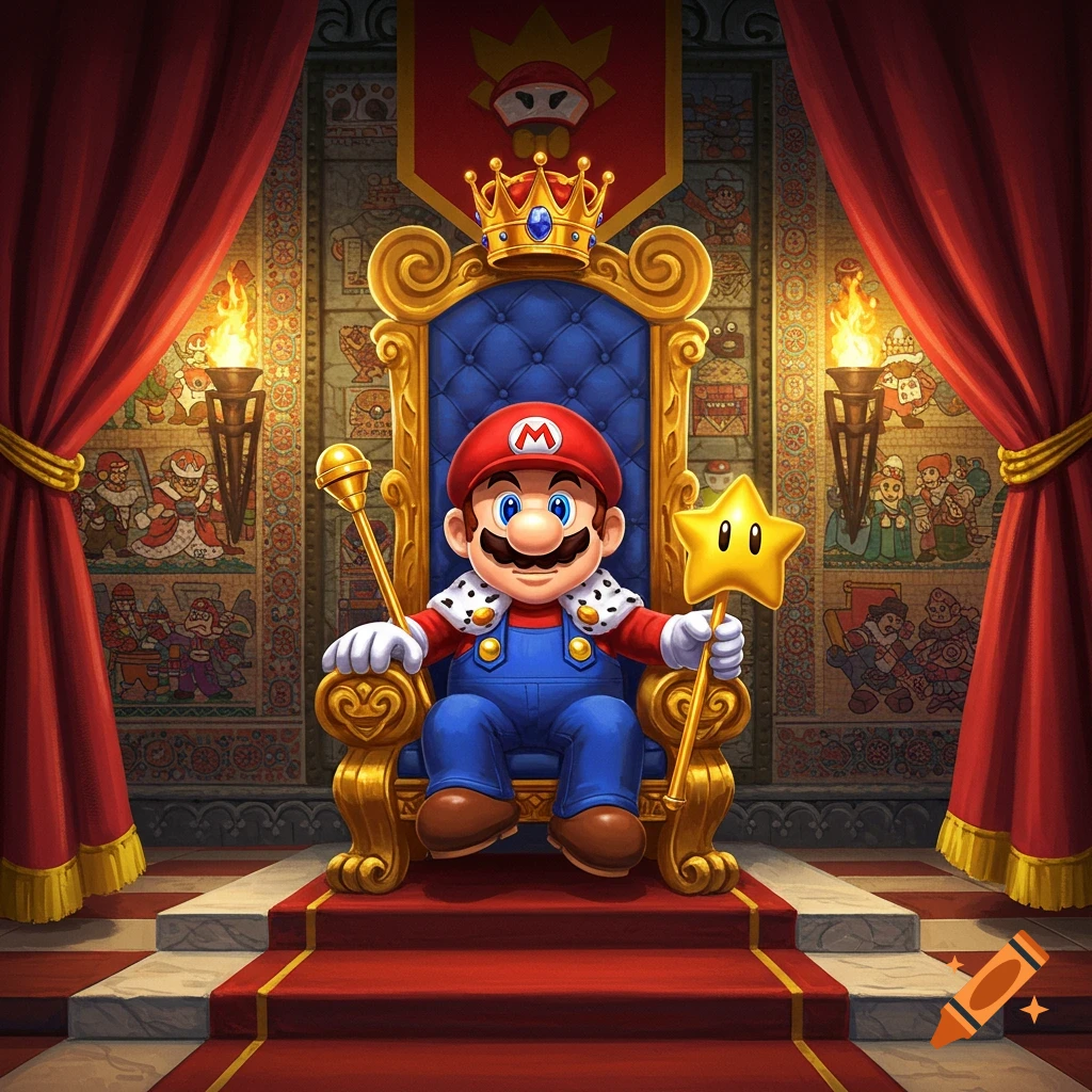 King Mario sits on a golden throne in a regal room, holding a scepter and a Super Star. Detailed digital illustration.