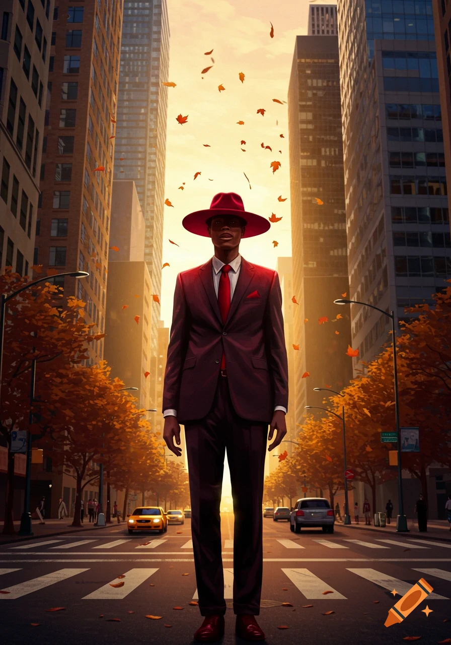 A tall man in a red suit and hat stands in a city street with autumn trees and falling leaves under a golden sky.