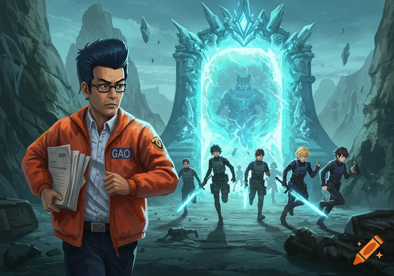 A man in an orange GAO windbreaker runs with papers, while an elite team with glowing swords rushes towards a magical gate in a rugged landscape. Anime style.