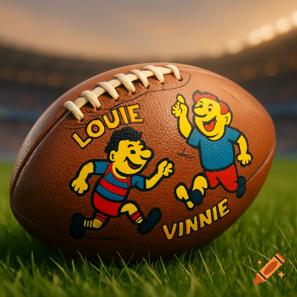 A photorealistic brown leather football with two cartoon characters, Louie and Vinnie, printed on it, lying on green grass in a stadium.