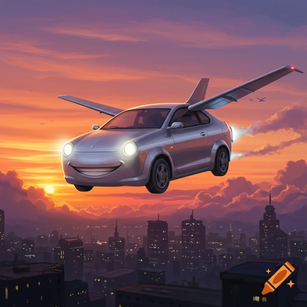 A smiling silver cartoon car with wings flies high above a city at sunset, surrounded by colorful clouds.