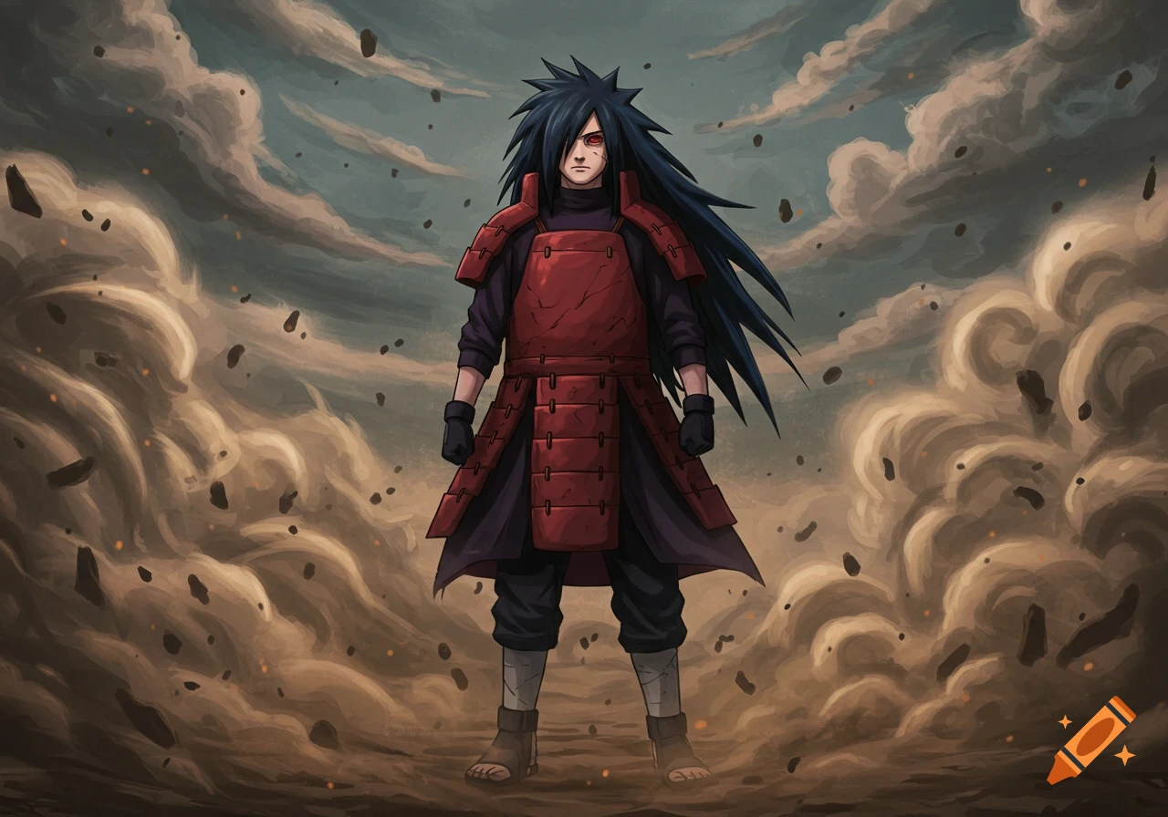 Anime style Madara Uchiha stands amidst swirling dust and flying debris, looking intense.