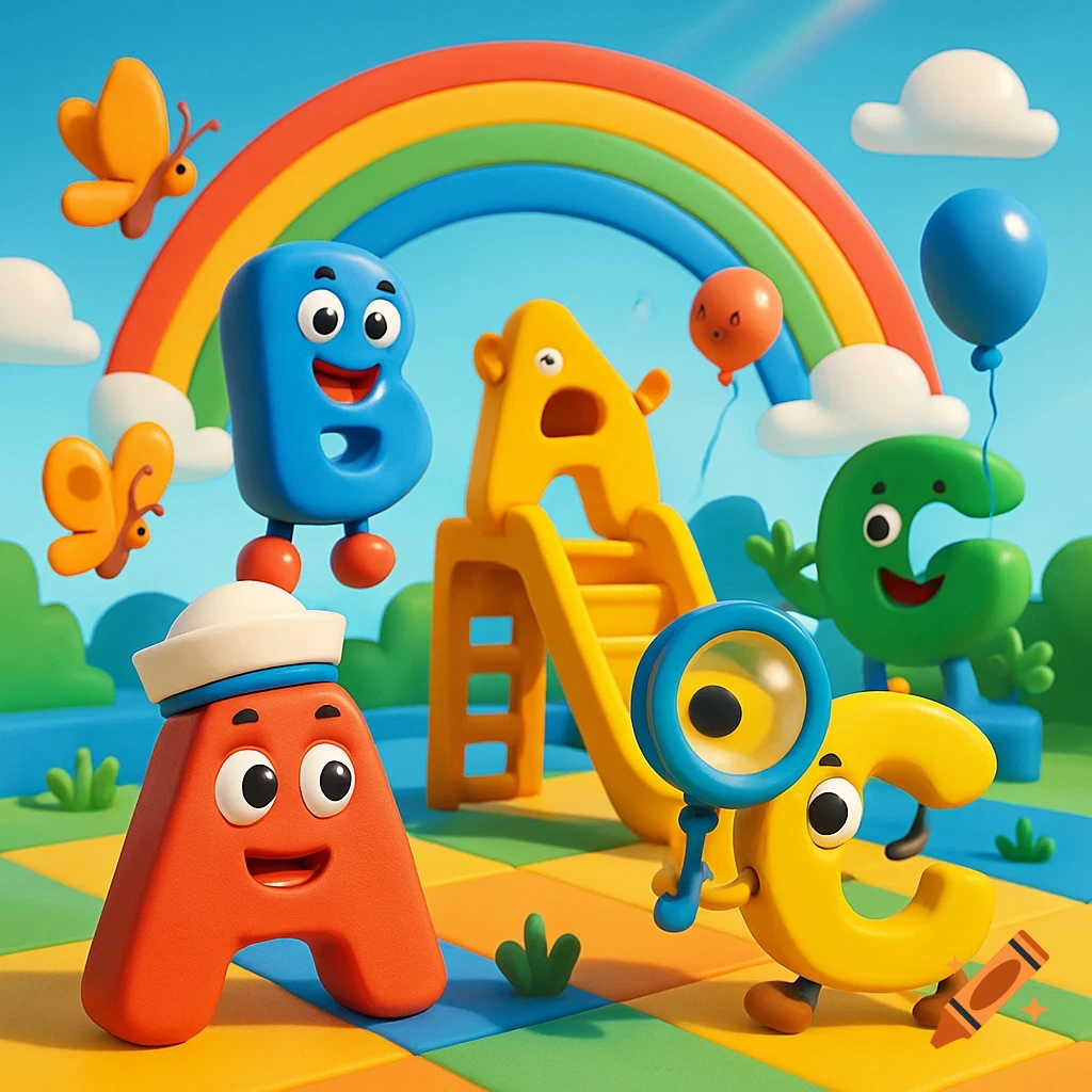 Colorful 3D cartoon with anthropomorphic letters A, B, C, a rainbow, butterflies, and balloons in a playful scene.