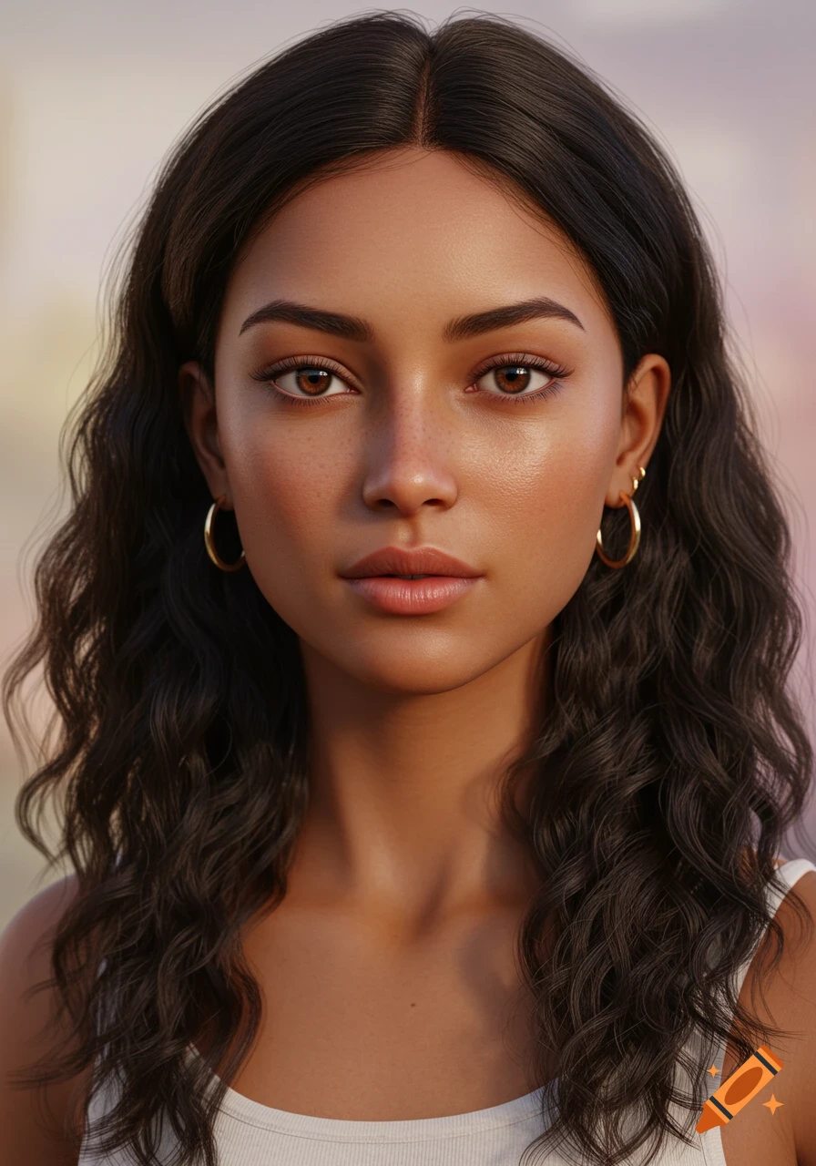 Close-up photorealistic portrait of a young woman with long dark wavy hair, brown eyes, freckles, and gold hoop earrings.