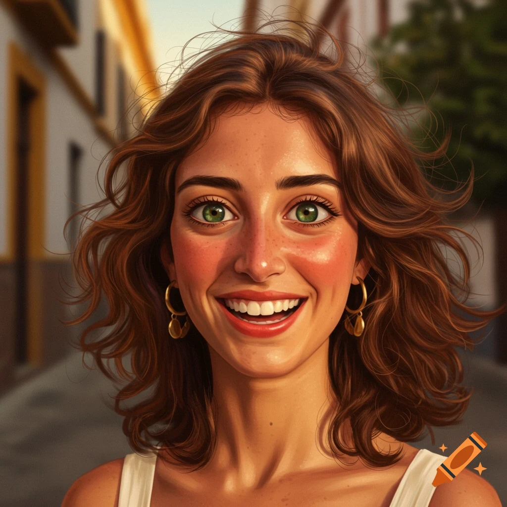 Close-up digital painting of a smiling young woman with green eyes, brown wavy hair, freckles, and rosy cheeks on a sunny street.