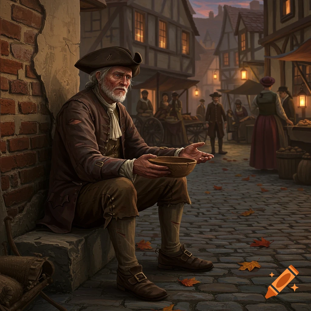 An old man in 17th-century clothes sits on steps, holding a bowl, begging on a cobblestone street in a historical town market.