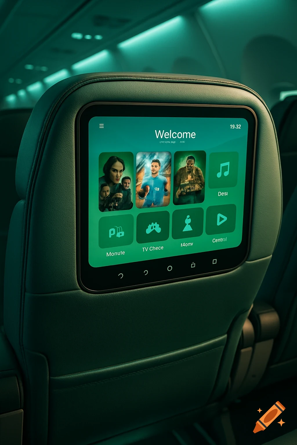 An airplane seat-back screen displaying a green welcome interface with various entertainment options like movies, TV, and music, illuminated by a turquoise light.