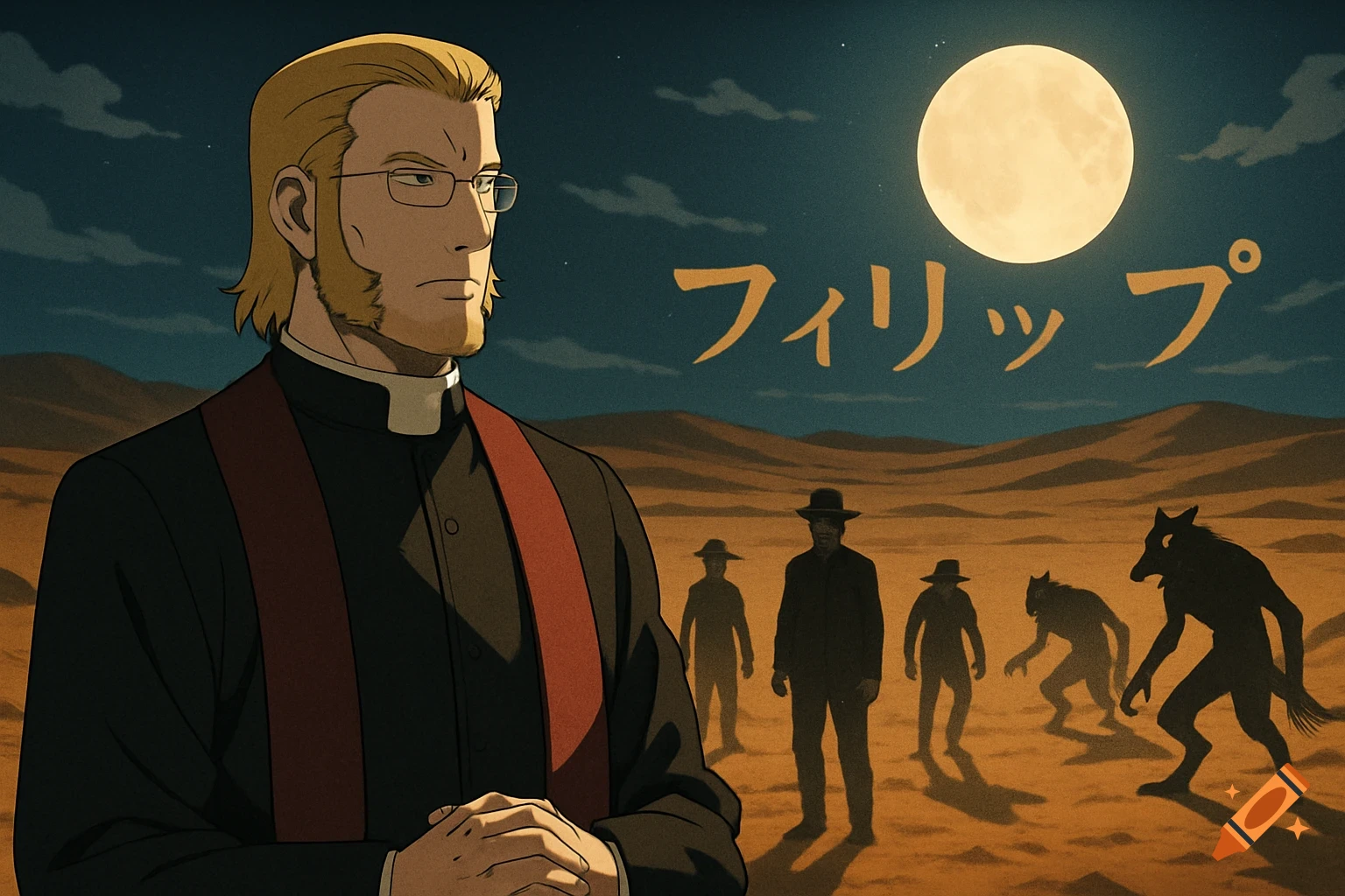 An anime-style blonde pastor with glasses and a red stole stands in a desert under a full moon, with shadowy figures and werewolves lurking behind him. Japanese text is in the sky.