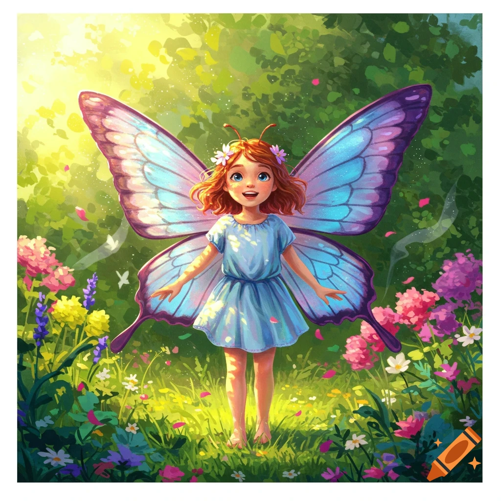 A whimsical illustration of a smiling little girl with blue and purple butterfly wings standing in a lush, sunlit flower garden.
