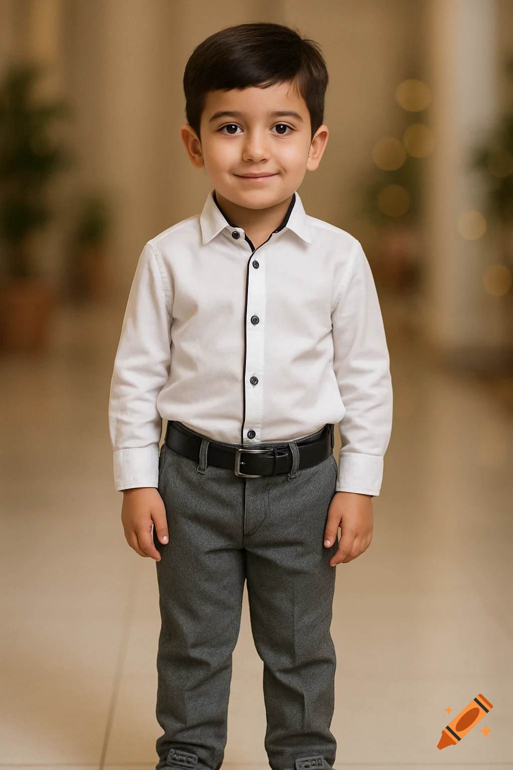 Photorealistic full-body portrait of a young boy with dark hair, wearing a white shirt, gray trousers, and a black belt, smiling.
