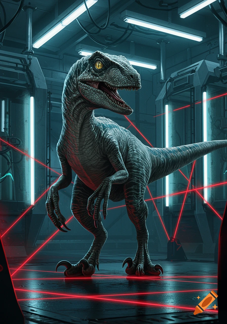 A photorealistic raptor stands in a dimly lit research facility, surrounded by glowing blue lights and red laser fence beams.
