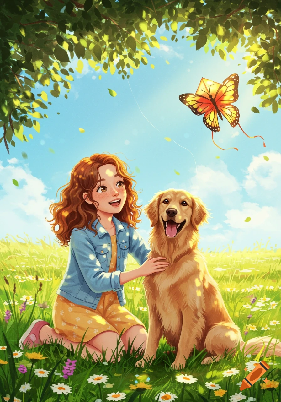 An illustration of a girl petting a golden retriever in a sunny field with flowers, a butterfly kite flying above.