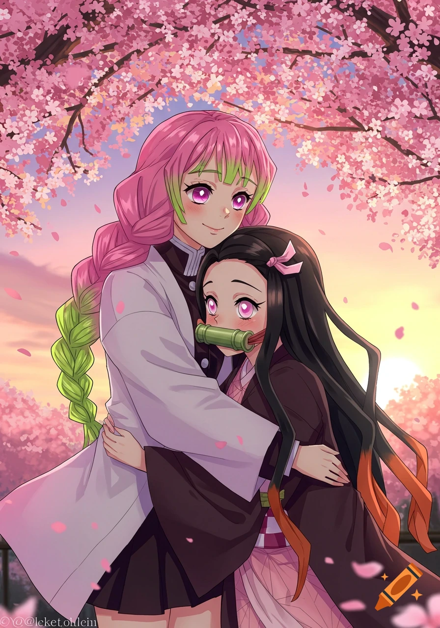 Mitsuri and Nezuko from Demon Slayer hug under blooming cherry blossom trees at sunset in anime style.