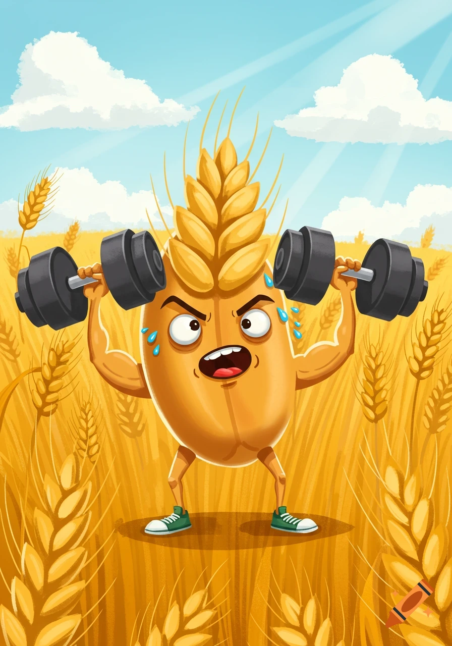A cartoon wheat grain character with a determined expression lifts dumbbells in a sunny wheat field.