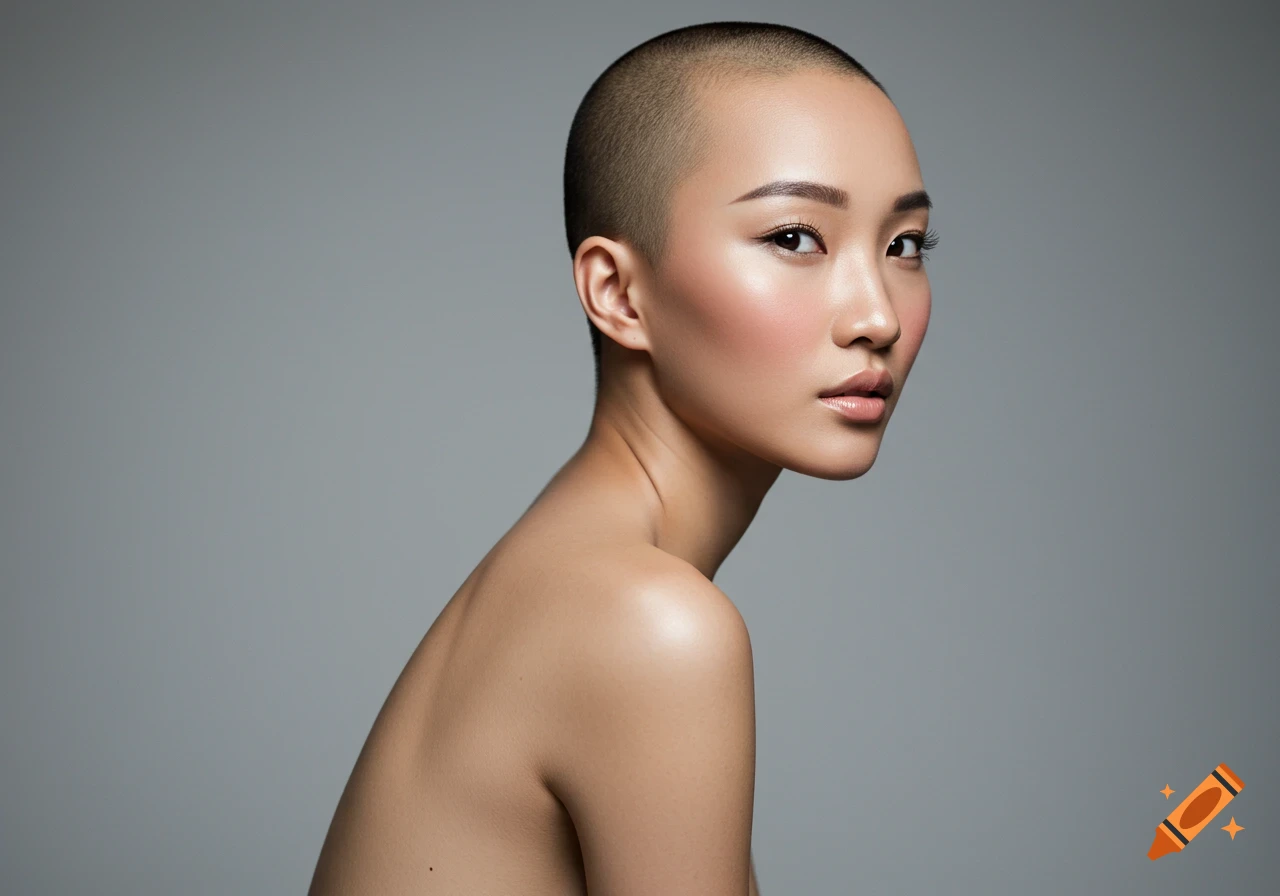 Photorealistic studio portrait of a bald Vietnamese female model with glowing skin looking over her bare shoulder.
