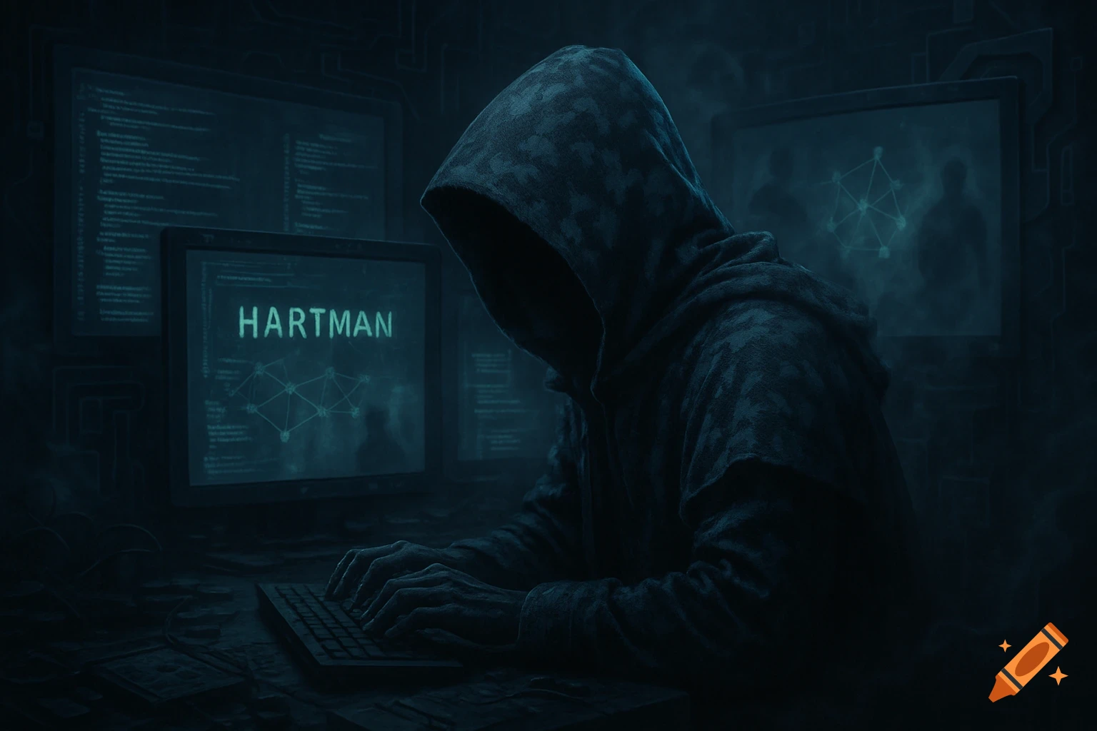 Hooded figure typing on a keyboard in a dark room with multiple computer screens displaying code, network diagrams, and the name "HARTMAN".