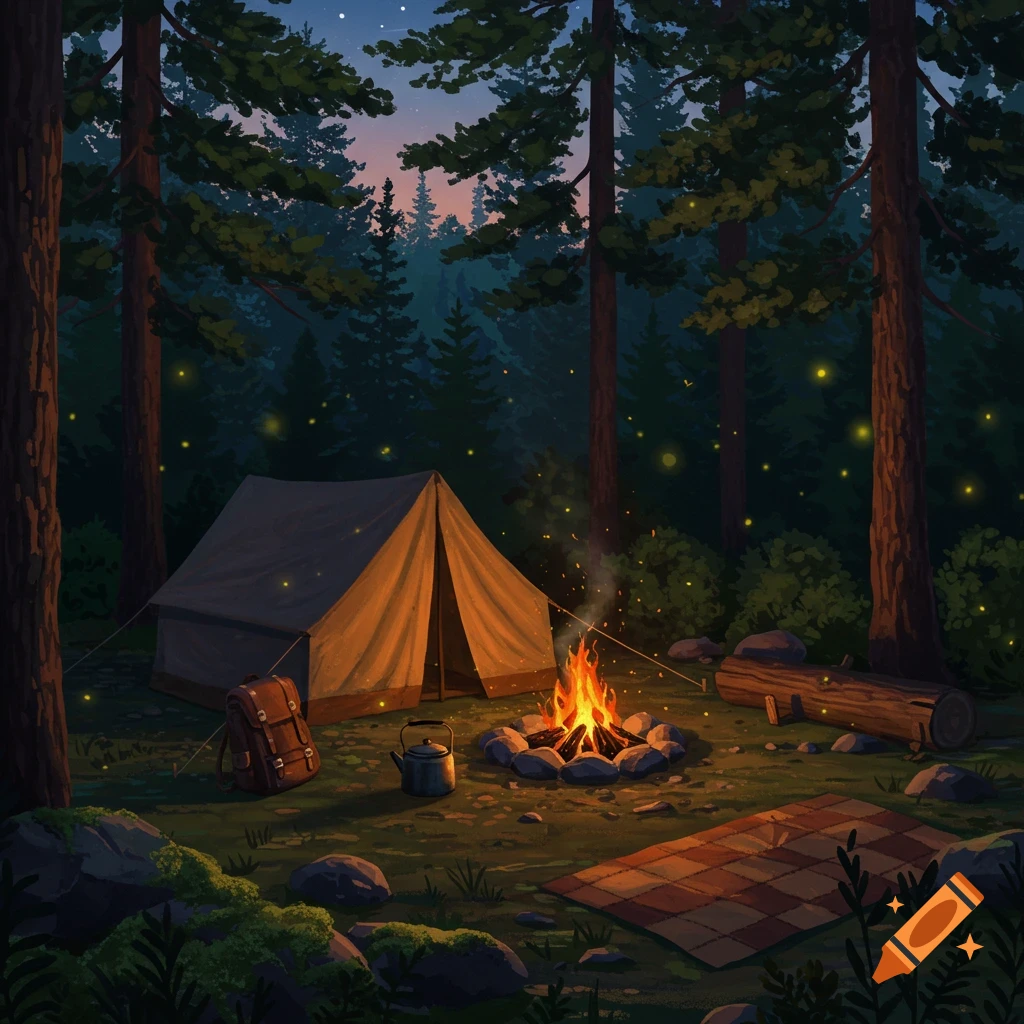 Illustrated forest campsite at night with a glowing tent, warm campfire, backpack, kettle, and fireflies amidst tall trees.