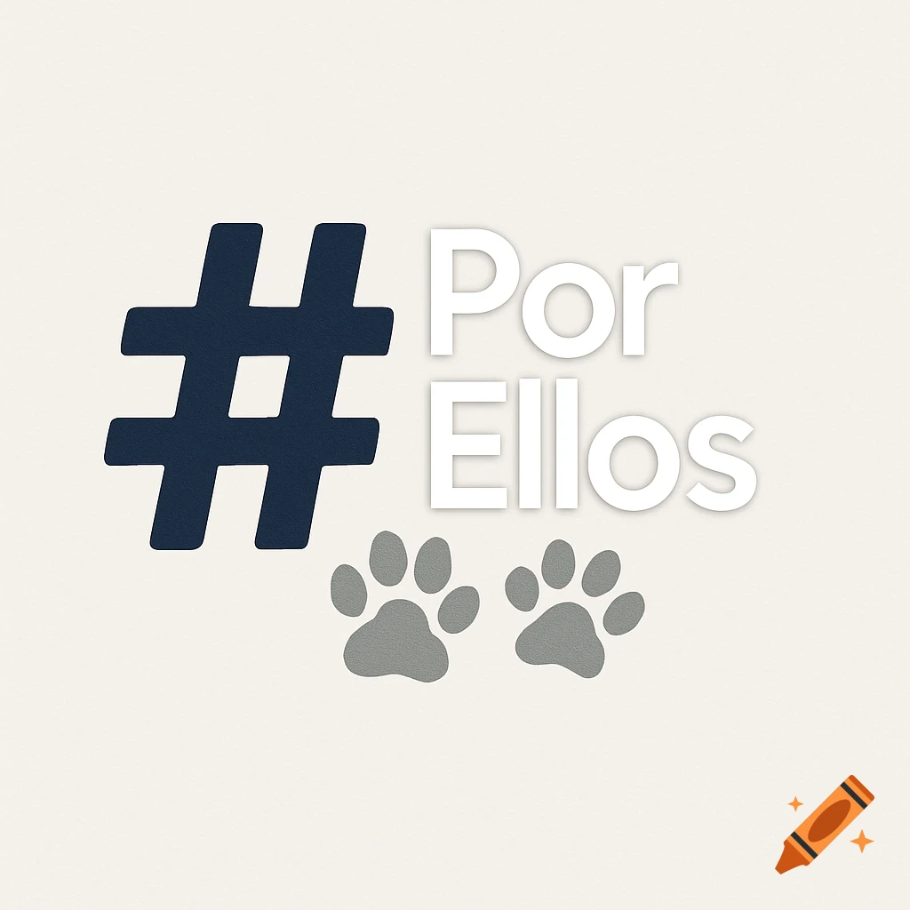 A clean logo featuring a large dark blue hashtag symbol on the left, with the white text 'Por Ellos' and two grey paw prints on the right.