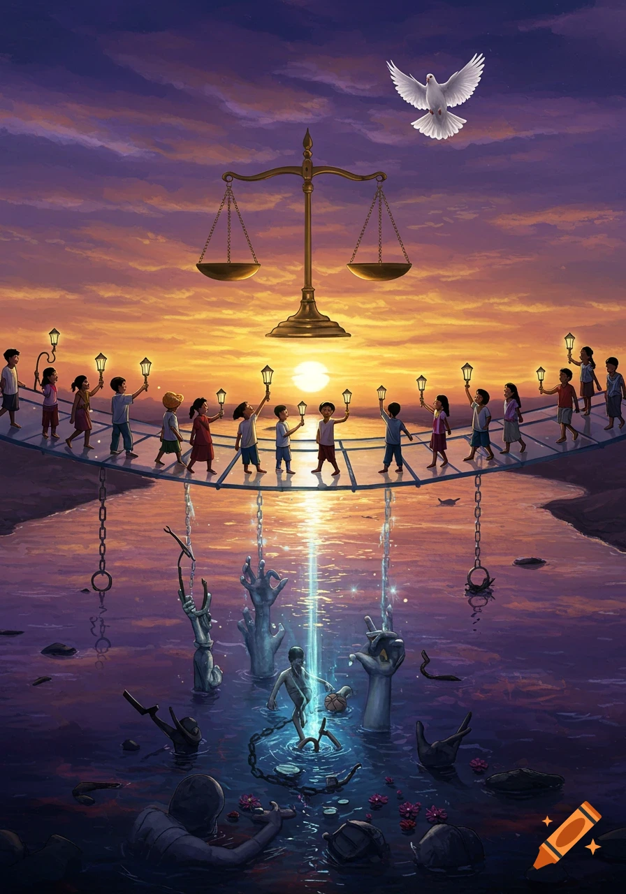 A vibrant, symbolic illustration shows diverse children with lanterns on a bridge at sunset, under a balance scale and dove, with hands emerging from water below.