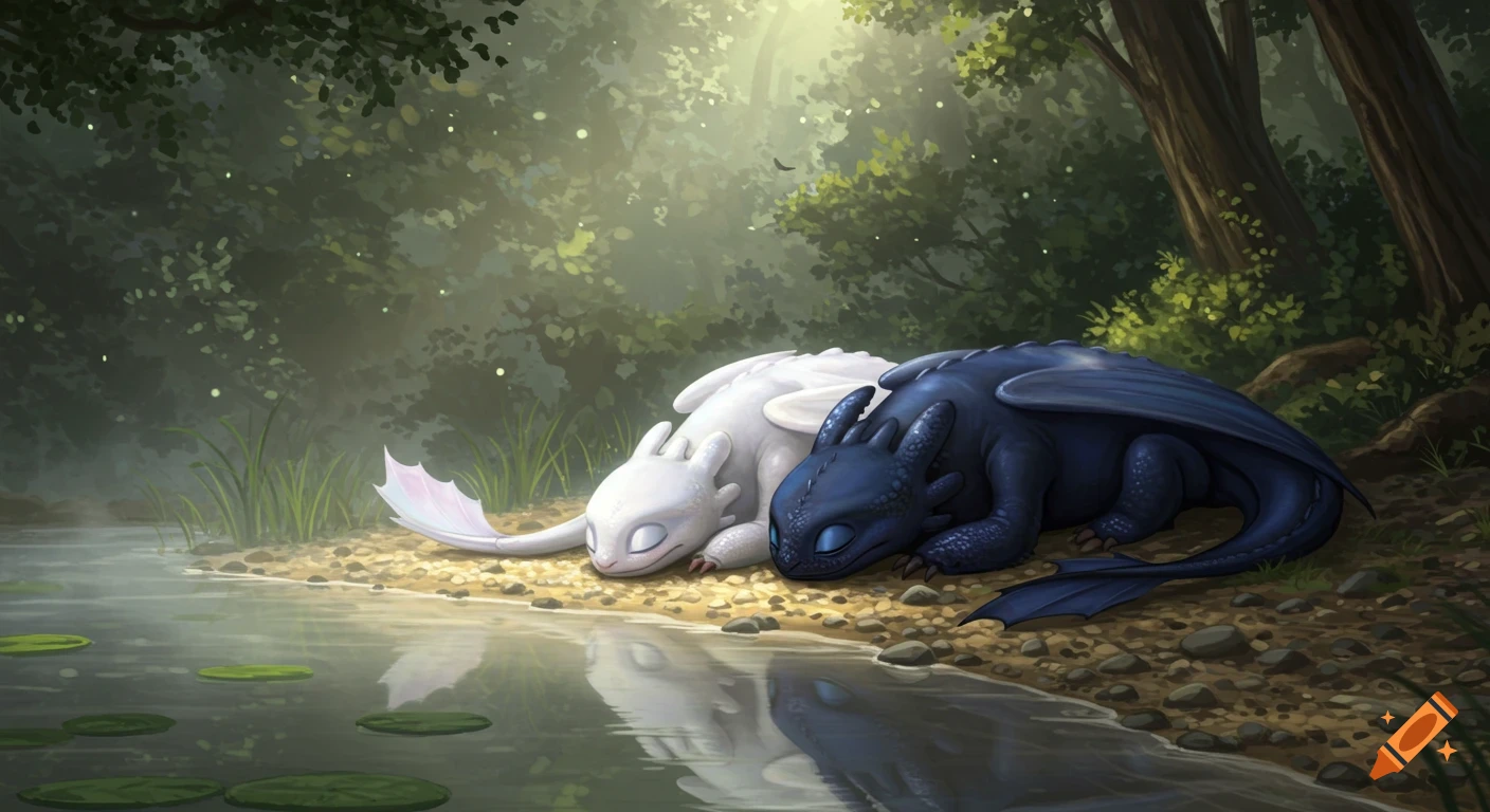 Toothless and Light Fury, cartoon dragons, sleeping by a sunlit pond in a foggy forest.