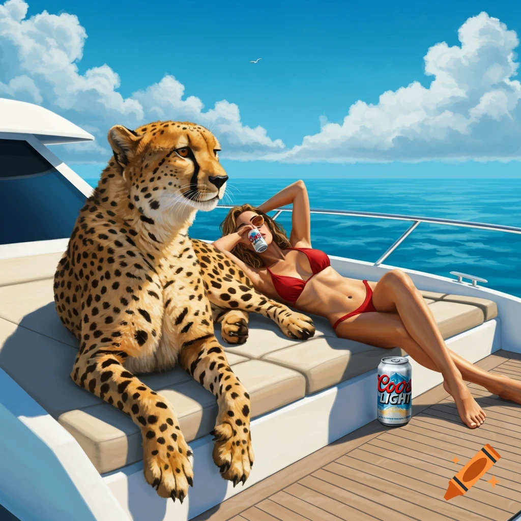 A cheetah and a woman in a red bikini lounge on a boat on the ocean, drinking Coors Light. Photorealistic.