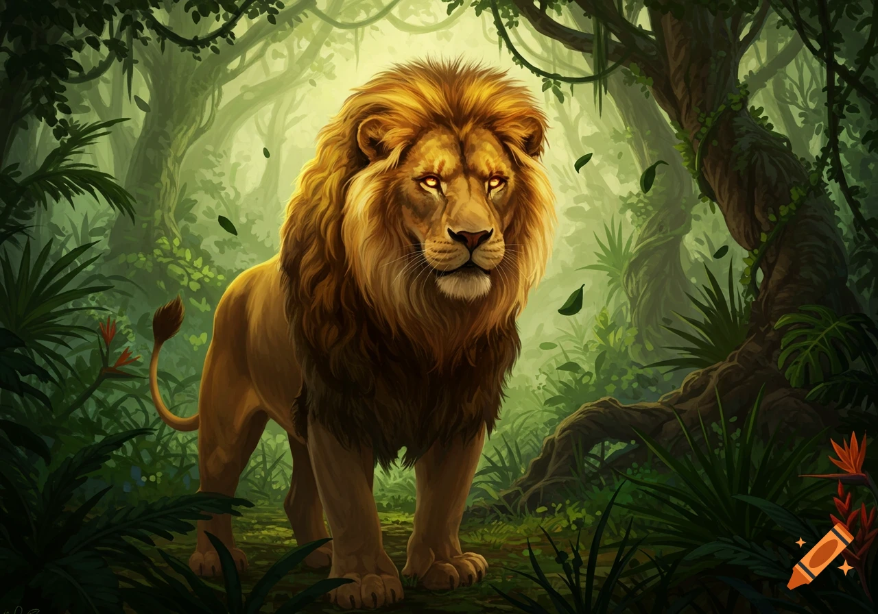 A majestic lion with a golden mane stands in a lush, green jungle with glowing eyes, in a detailed illustration.