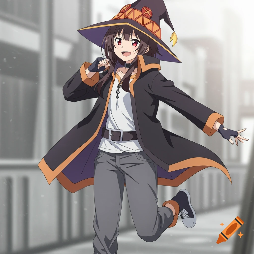Smiling anime character Megumin in a black jacket, white shirt, gray pants, sneakers, and witch hat, running happily.