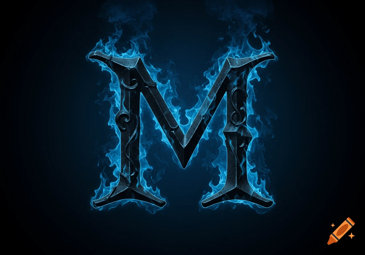 A dark, ornate Gothic letter M engulfed in vibrant blue flames against a black background.