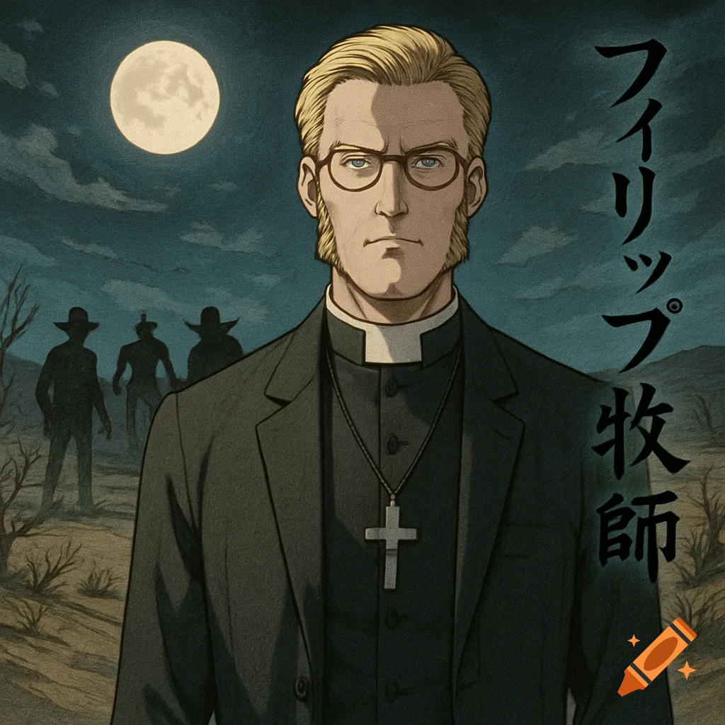 Anime style illustration of a blonde pastor with glasses and a cross in a desert at night, with shadowy figures and a full moon.