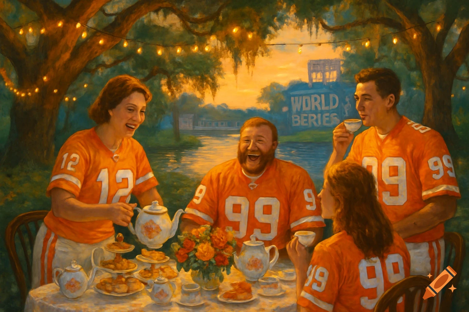 A painterly scene of four people in orange sports jerseys having a tea party by a river, with a stadium visible in the background.