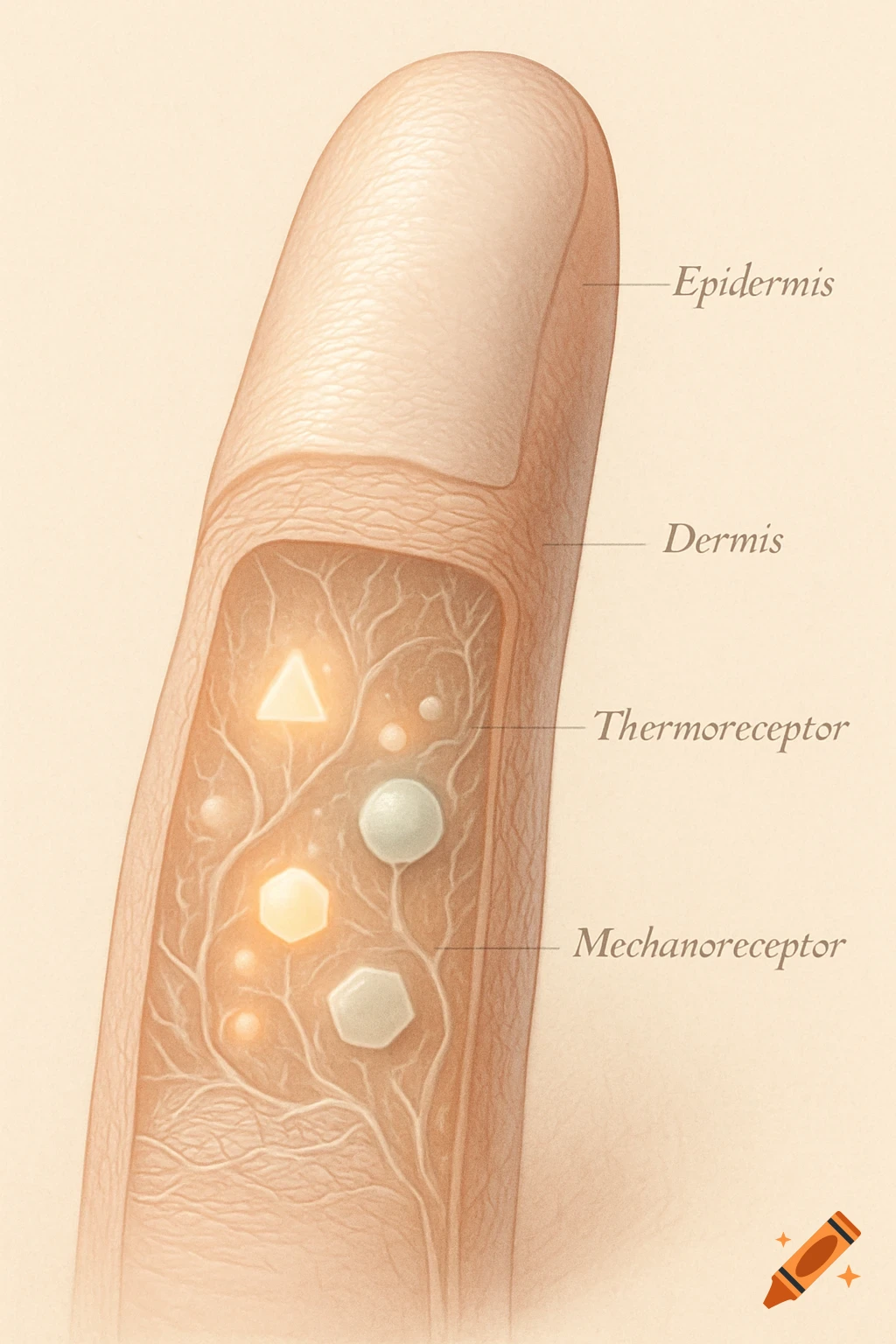 A detailed scientific illustration of a finger's skin layers, showing epidermis, dermis, and various thermoreceptors and mechanoreceptors.