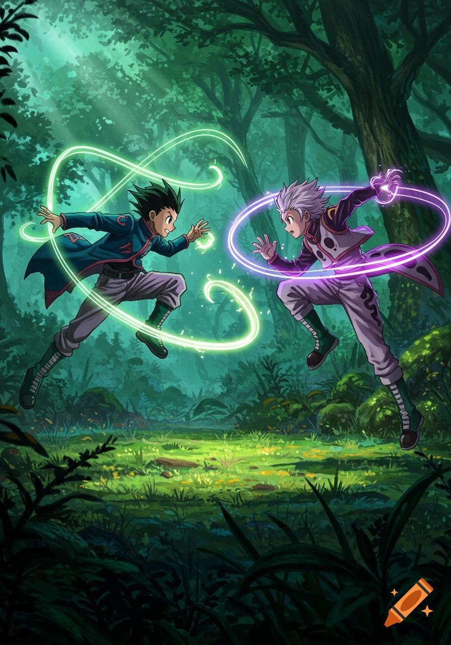Two anime characters, one with green aura and one with purple, in an action pose in a vibrant forest.