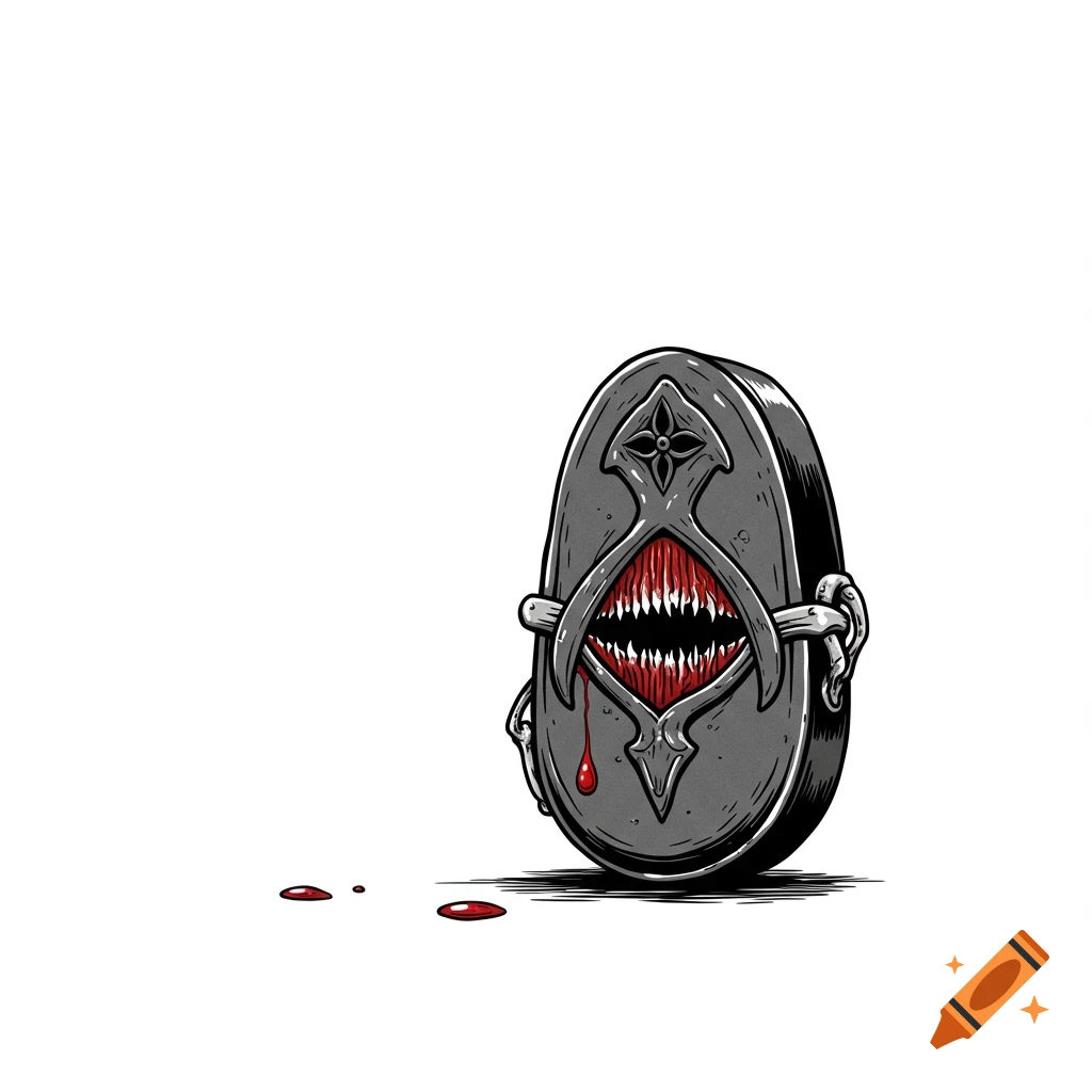 Gothic coffin-like artifact with sharp teeth and dripping blood, rendered in a vector illustration style.