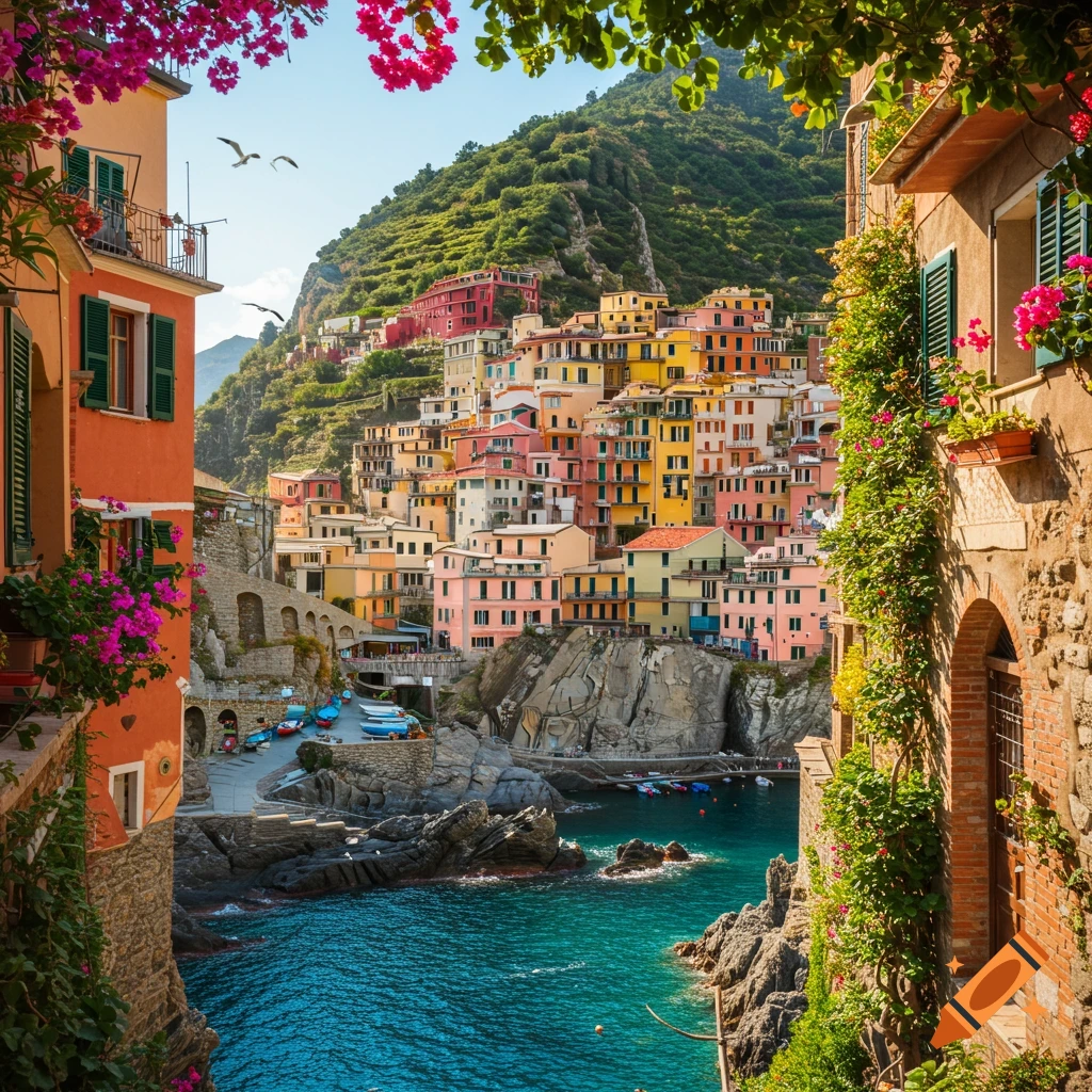 A vibrant coastal town with colorful buildings cascading down a lush hillside to a turquoise sea under a bright sky, framed by flowering trees.