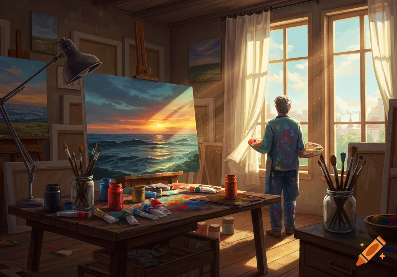 Artist in a sunlit studio painting a vibrant seascape on an easel, surrounded by paints and brushes.