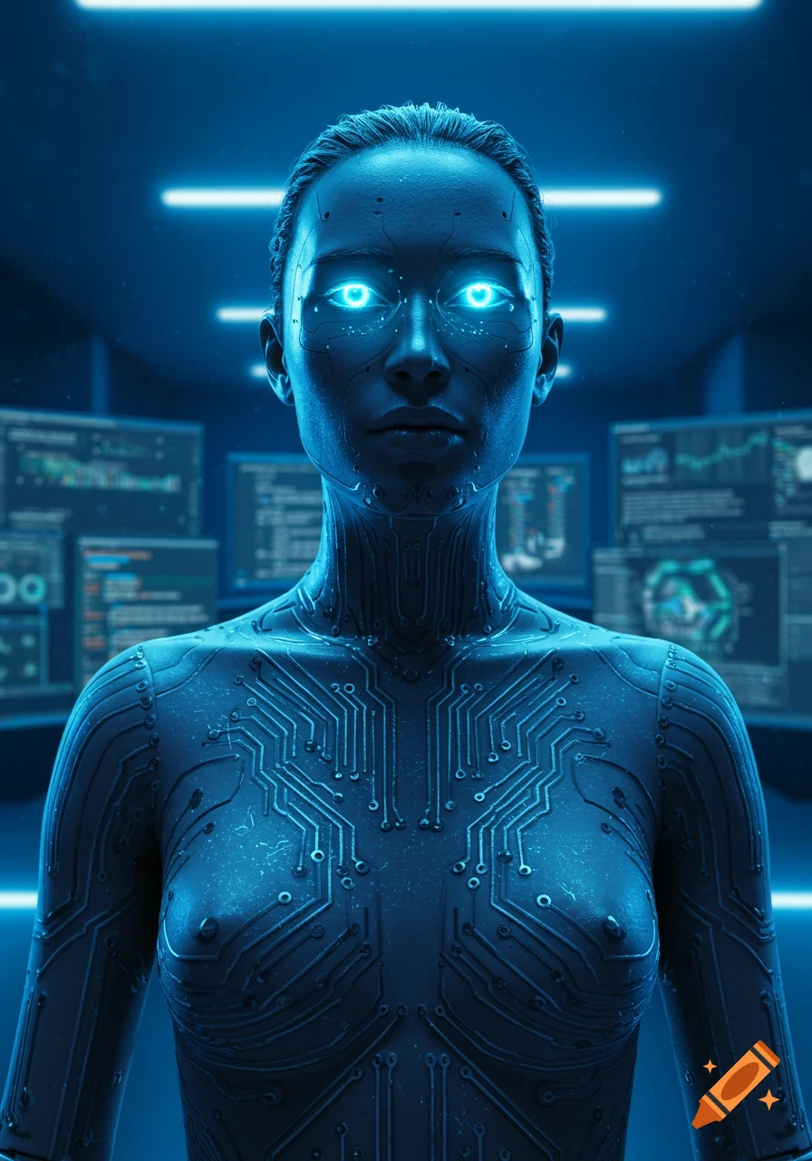 Blue-toned android with glowing eyes and circuit patterns on its body in a futuristic data center, digital art.