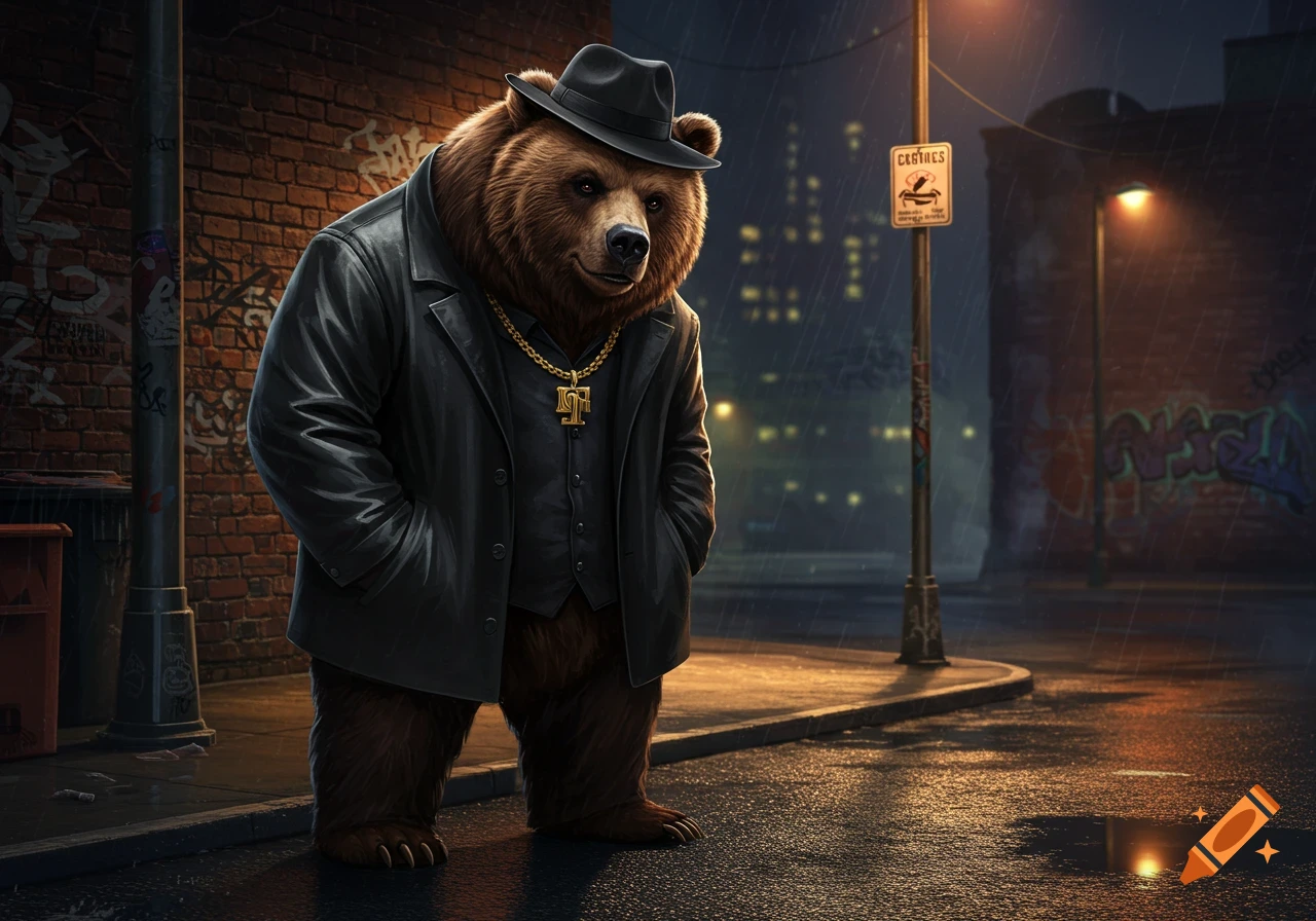 A brown bear in a black fedora, leather trench coat, and vest with a gold chain, stands on a wet street in a rainy city alley at night.