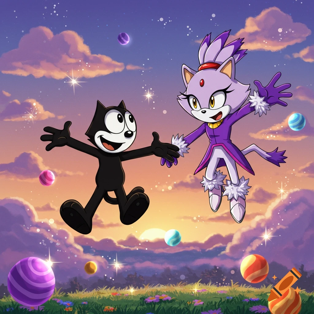 Felix the Cat and Blaze the Cat float in a sunset sky with clouds, stars, and colorful orbs above a grassy field.
