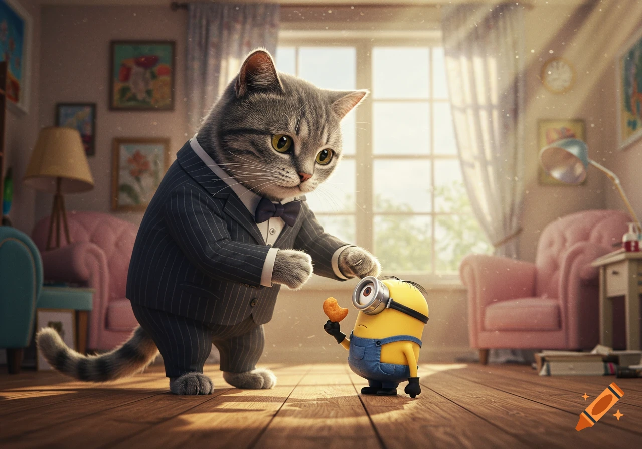 A photorealistic gray tabby cat in a pinstripe suit leans down to offer a treat to a Minion in a sunlit room.