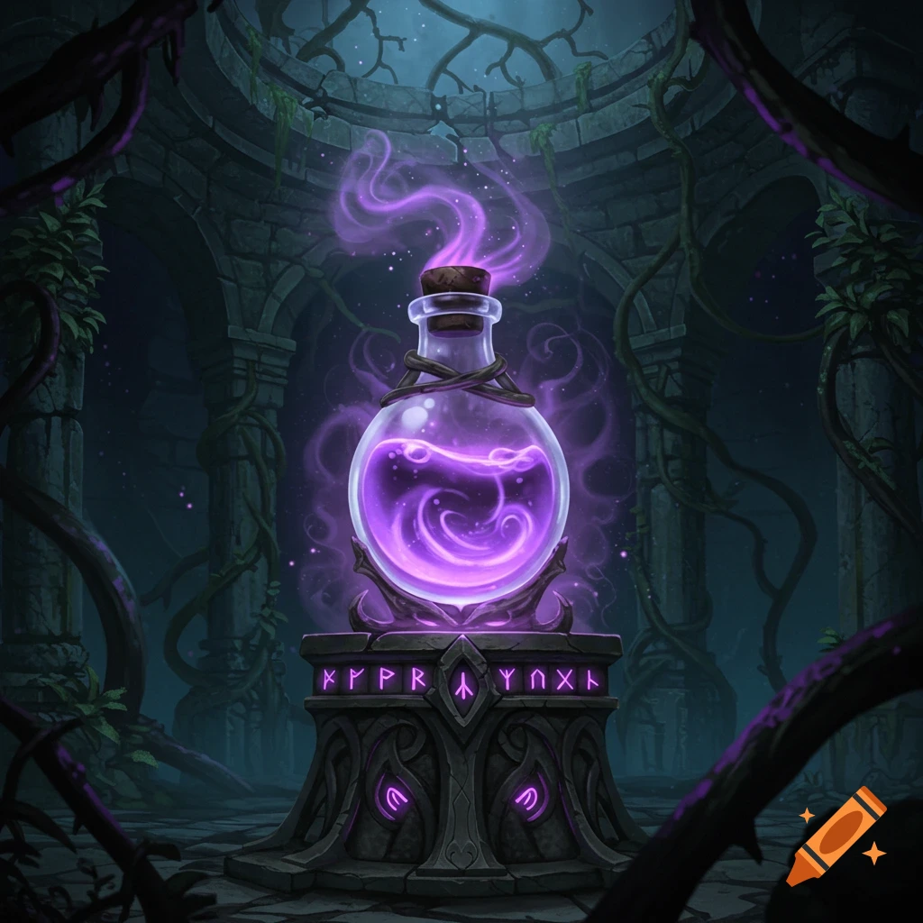 A glowing purple potion bottle on a runic pedestal in a dark, overgrown ancient ruin, amidst swirling purple mist.