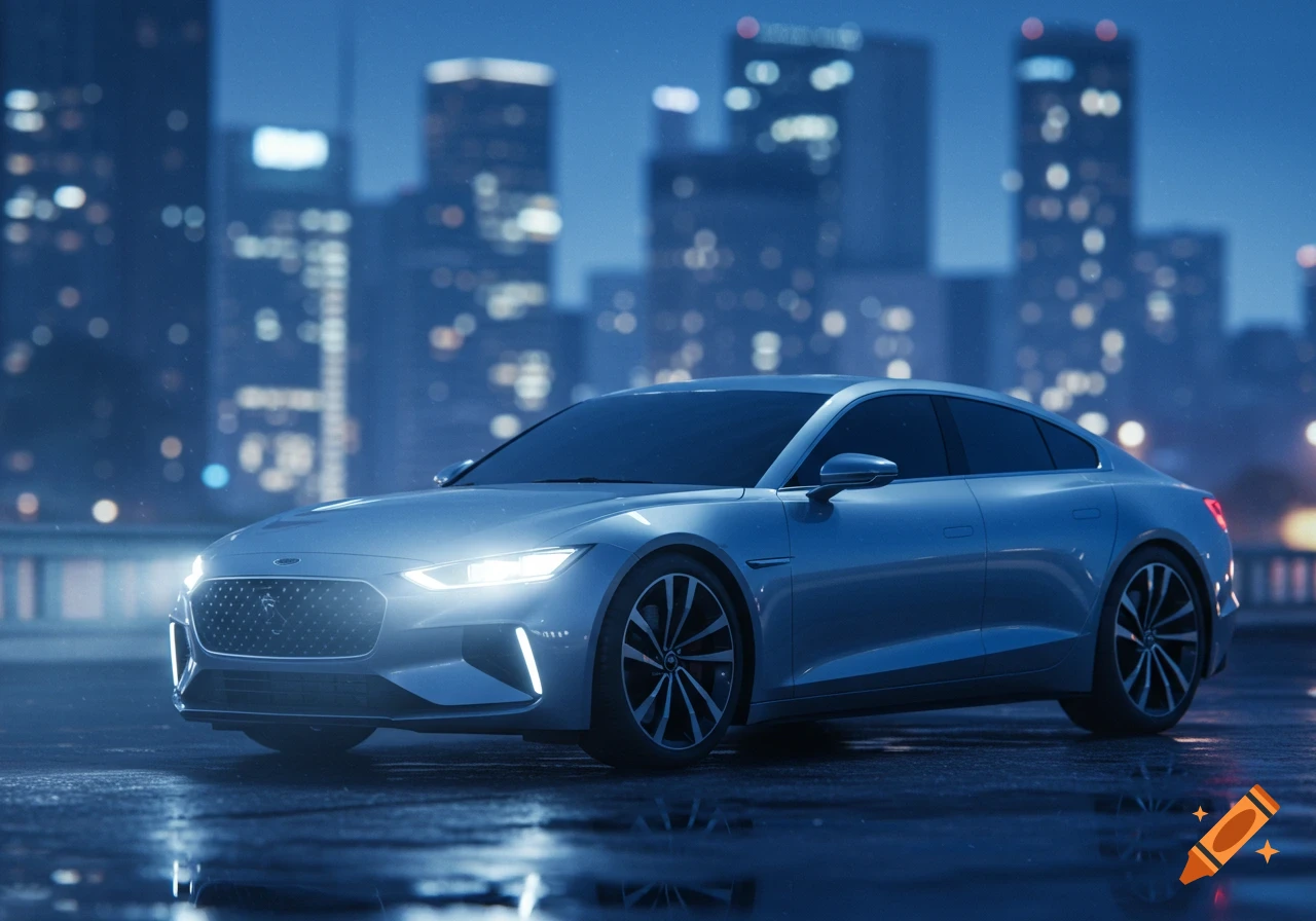 A sleek silver car with bright headlights on a wet street at night, with a blurry city skyline in the background, in a photorealistic style.