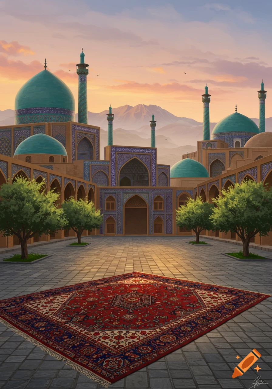 Vibrant illustration of a mosque courtyard with domes, minarets, and a large ornate Persian rug under a colorful sky.