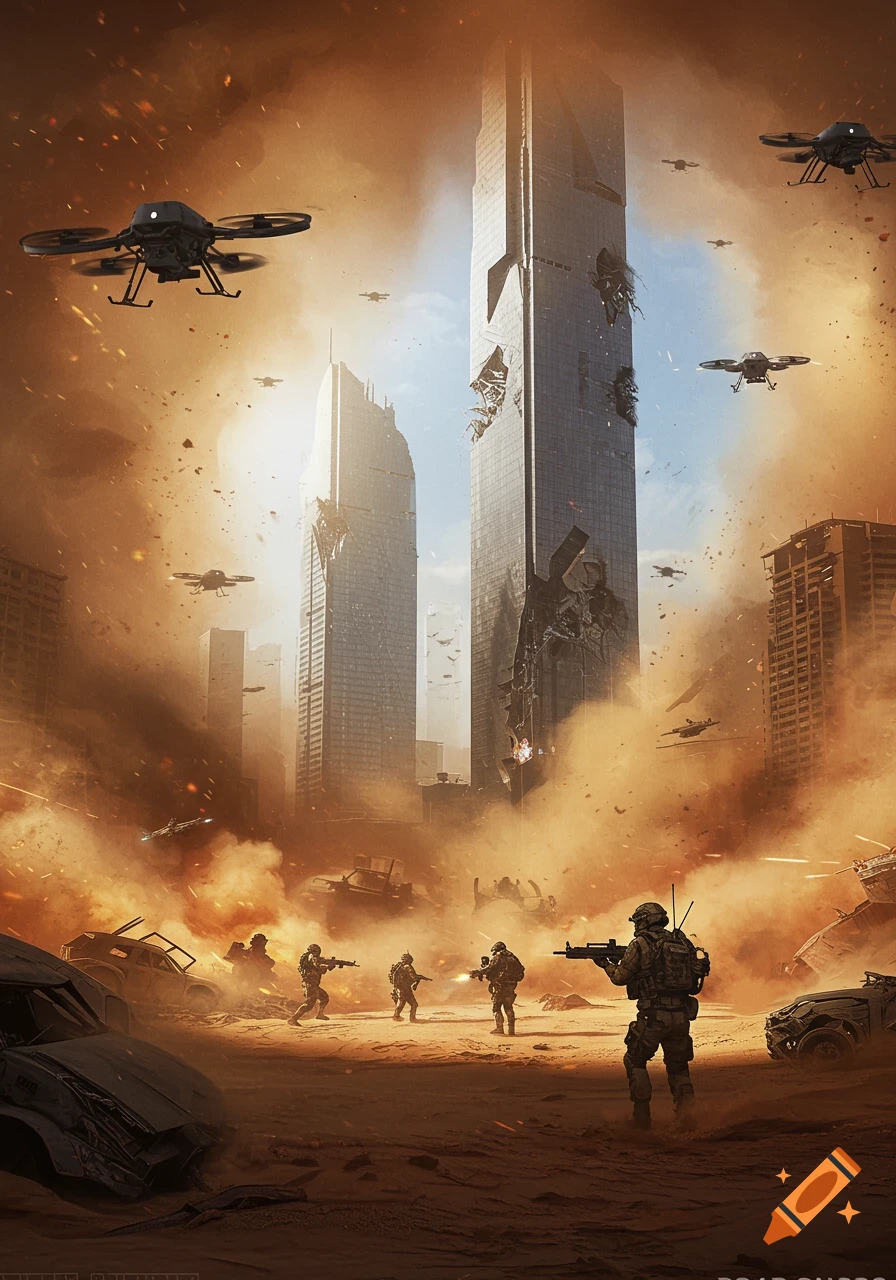 Photorealistic image of soldiers on a dusty battlefield with drones and destroyed skyscrapers in a futuristic war scene.