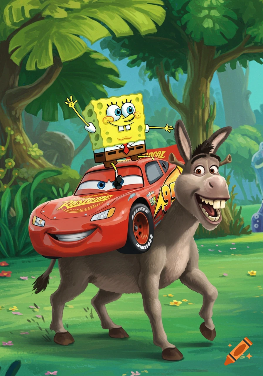 Spongebob Squarepants sits atop a red Lightning McQueen race car, which is being ridden by Donkey from Shrek through a lush green jungle.